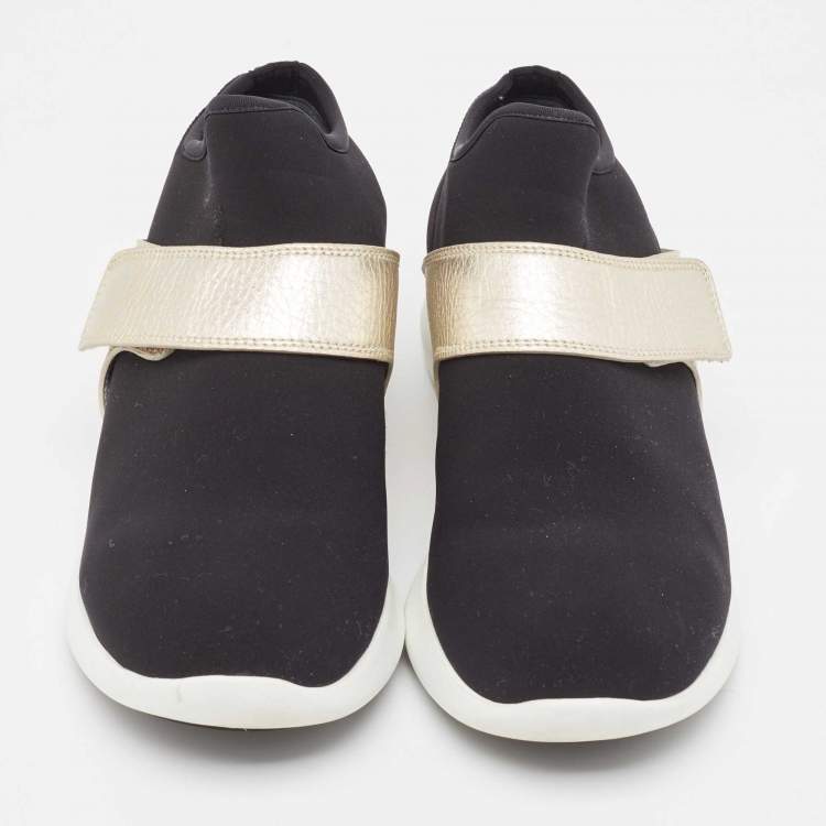 Pre Owned Salvatore Ferragamo Black/Gold Stretch Fabric and Leather Slip On Sneakers Size 40