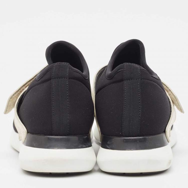 Pre Owned Salvatore Ferragamo Black/Gold Stretch Fabric and Leather Slip On Sneakers Size 40