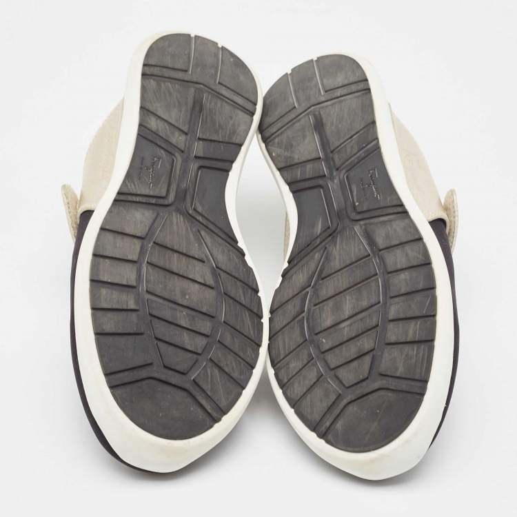 Pre Owned Salvatore Ferragamo Black/Gold Stretch Fabric and Leather Slip On Sneakers Size 40