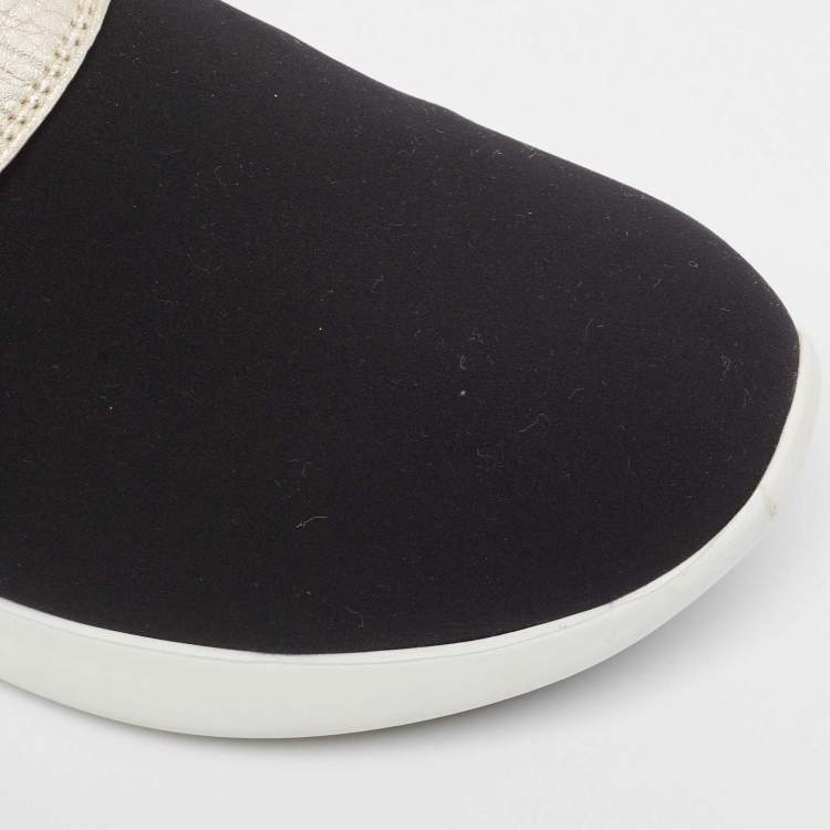 Pre Owned Salvatore Ferragamo Black/Gold Stretch Fabric and Leather Slip On Sneakers Size 40