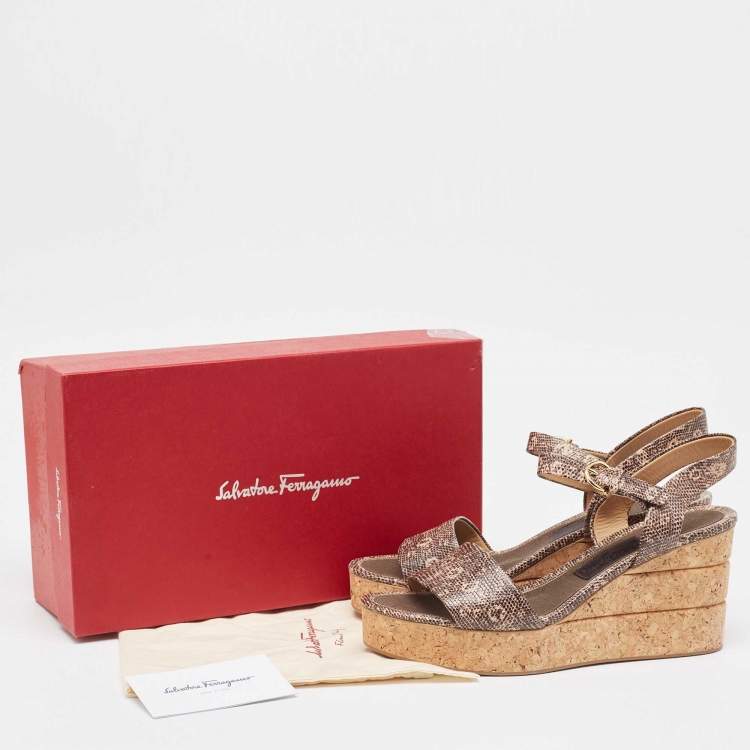Pre Owned Salvatore Ferragamo Brown Lizard Embossed Leather Madea Cork Wedge Sandals Size 40