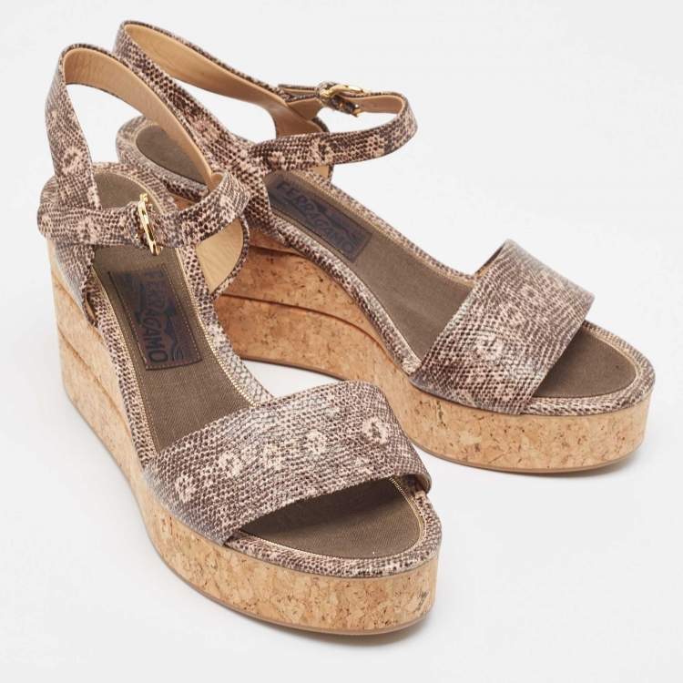 Pre Owned Salvatore Ferragamo Brown Lizard Embossed Leather Madea Cork Wedge Sandals Size 40