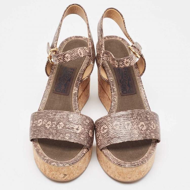 Pre Owned Salvatore Ferragamo Brown Lizard Embossed Leather Madea Cork Wedge Sandals Size 40