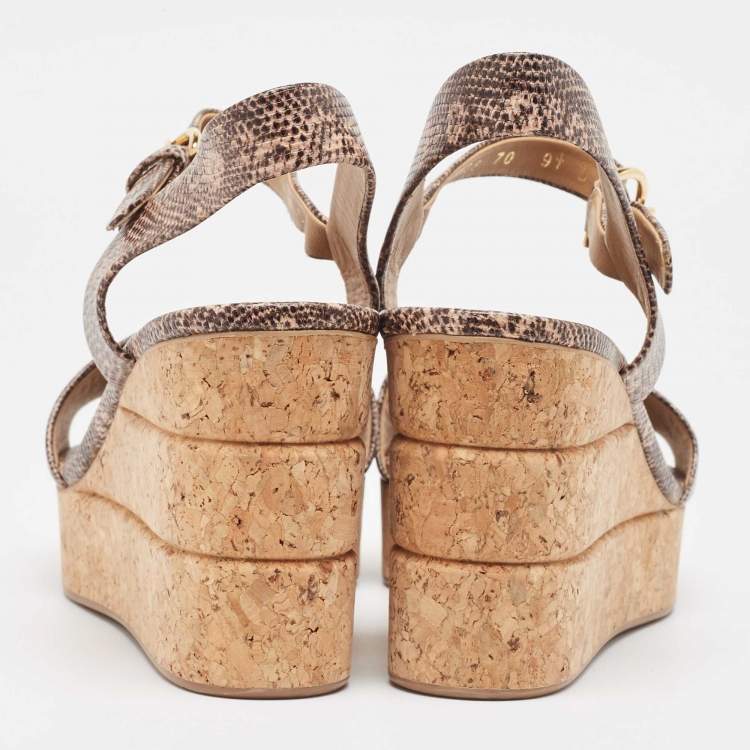 Pre Owned Salvatore Ferragamo Brown Lizard Embossed Leather Madea Cork Wedge Sandals Size 40