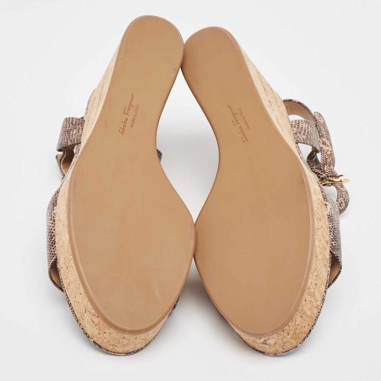 Pre Owned Salvatore Ferragamo Brown Lizard Embossed Leather Madea Cork Wedge Sandals Size 40
