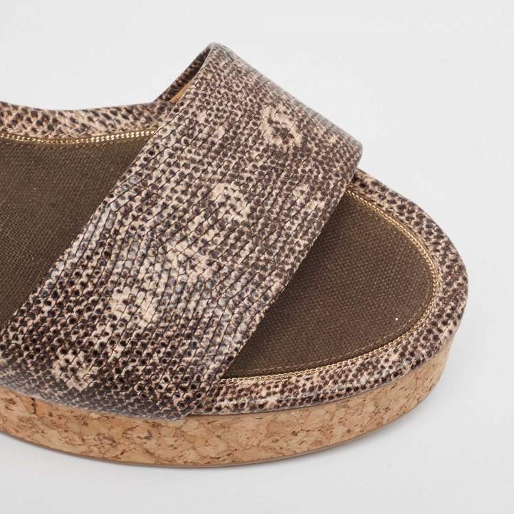 Pre Owned Salvatore Ferragamo Brown Lizard Embossed Leather Madea Cork Wedge Sandals Size 40