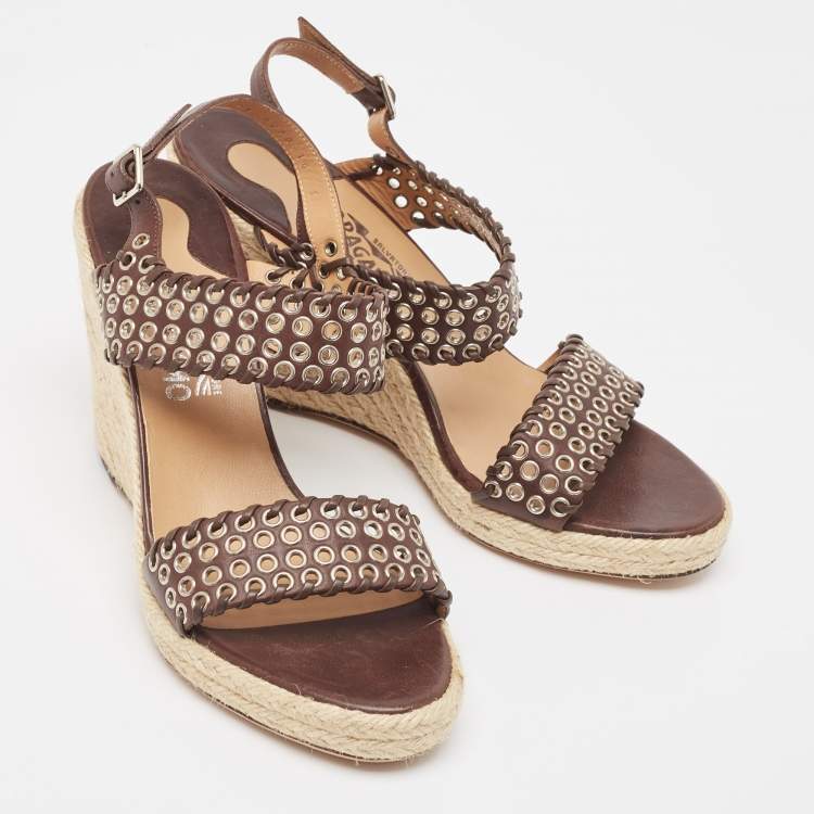 Pre Owned Salvatore Ferragamo Brown Leather Eyelet Embellished Wedge Sandals Size 40.5 