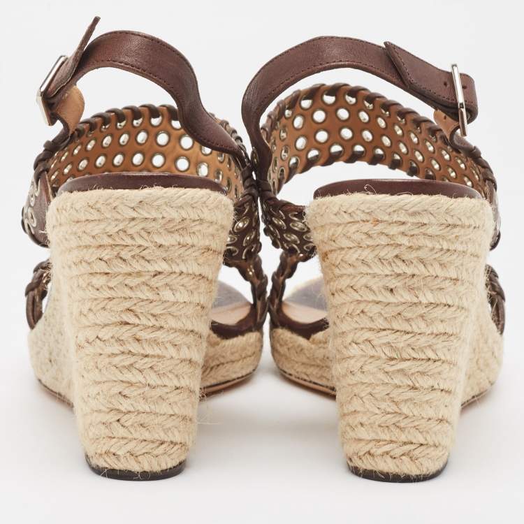 Pre Owned Salvatore Ferragamo Brown Leather Eyelet Embellished Wedge Sandals Size 40.5 