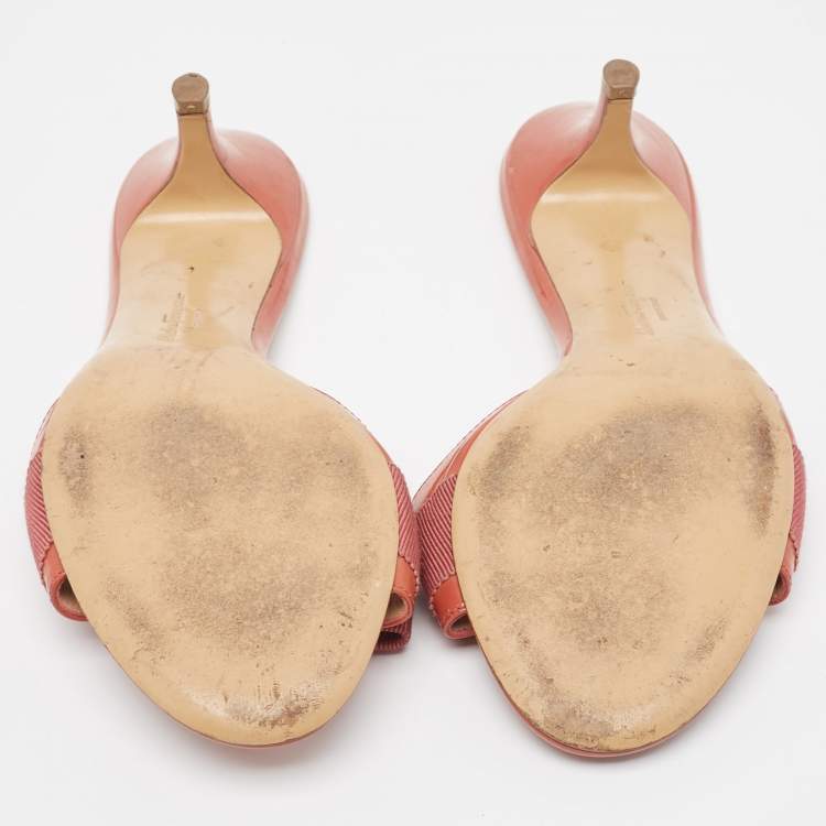 Pre Owned Salvatore Ferragamo Orange Patent Leather Bow Slide Sandals Size 37.5