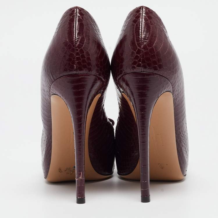 Pre Owned Salvatore Ferragamo Burgundy Python Vara Bow Pumps Size 38