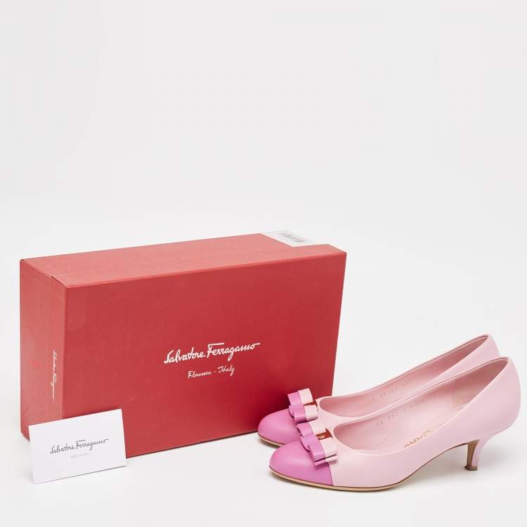 Pre Owned Salvatore Ferragamo Pink Leather Vara Bow Pumps Size 37.5