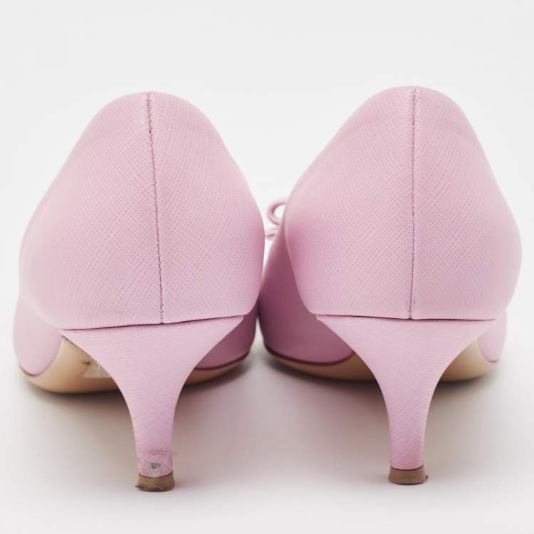 Pre Owned Salvatore Ferragamo Pink Leather Vara Bow Pumps Size 37.5
