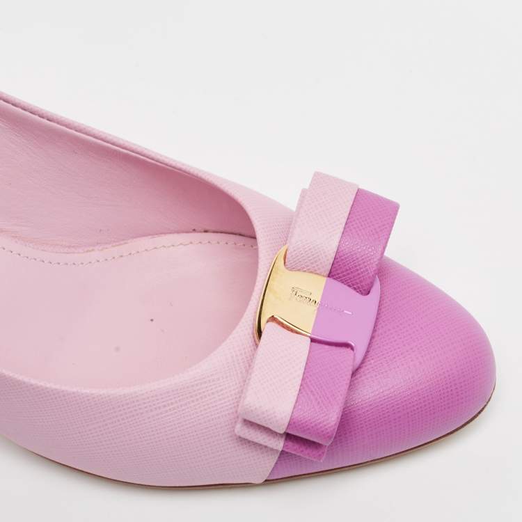 Pre Owned Salvatore Ferragamo Pink Leather Vara Bow Pumps Size 37.5