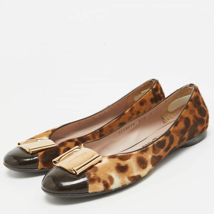 Salvatore Ferragamo Two Tone Leopard Print Calf Hair and Patent Sun Ballet Flats Size 38.5 Salvatore Ferragamo TLC