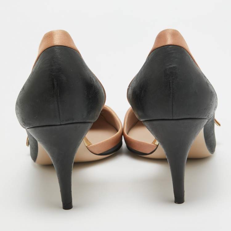 Pre Owned Salvatore Ferragamo Black/Peach Satin and Leather Bow D'Orsay Pumps Size 40