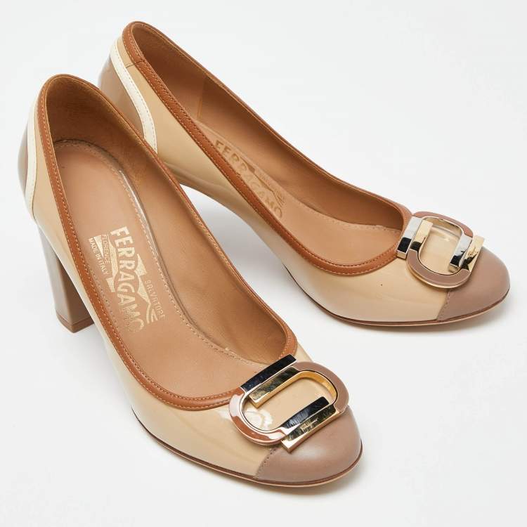 Pre Owned Salvatore Ferragamo Tricolor Patent Leather Décolleté Gwen Block Heel Pumps Size 38
