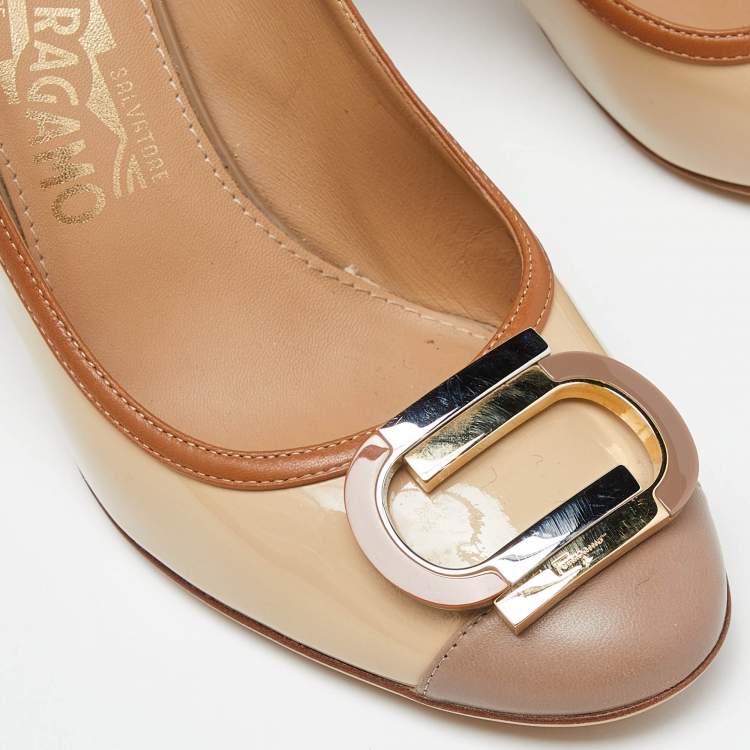 Pre Owned Salvatore Ferragamo Tricolor Patent Leather Décolleté Gwen Block Heel Pumps Size 38