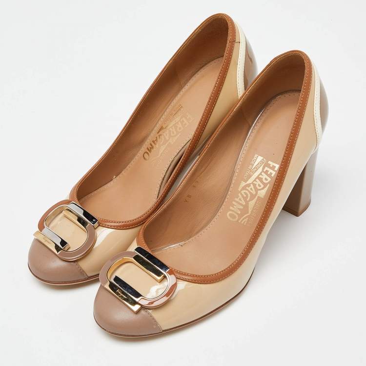 Pre Owned Salvatore Ferragamo Tricolor Patent Leather Décolleté Gwen Block Heel Pumps Size 38