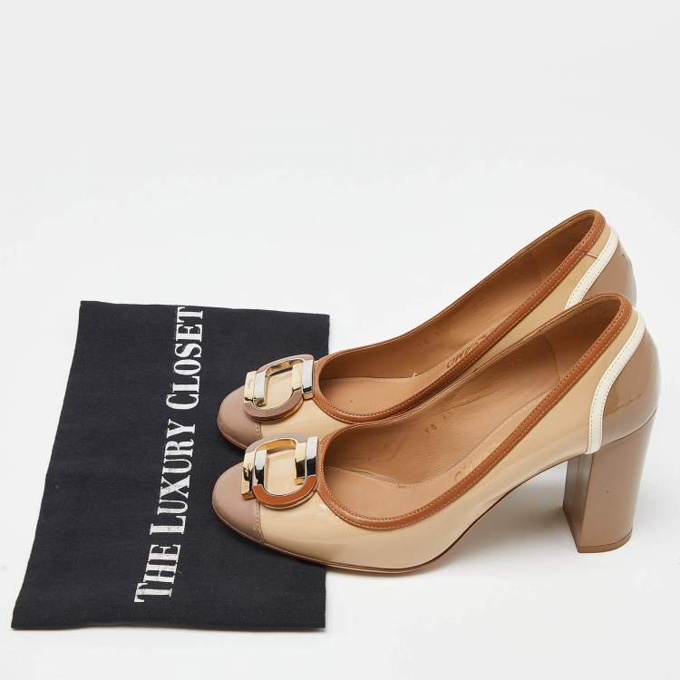 Pre Owned Salvatore Ferragamo Tricolor Patent Leather Décolleté Gwen Block Heel Pumps Size 38