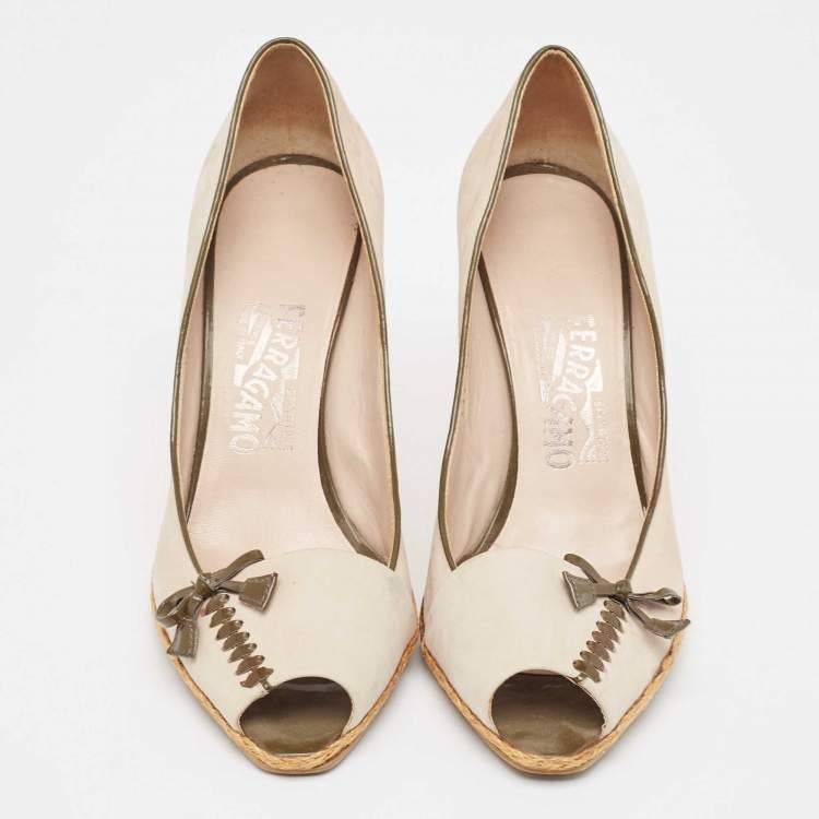 Pre Owned Salvatore Ferragamo Beige Nubuck Leather Peep Toe Espadrille Wedge Pumps Size 38.5