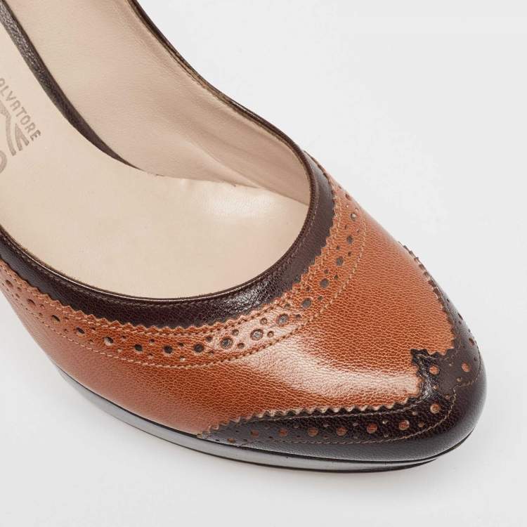 Pre Owned Salvatore Ferragamo Brown/Black Brogue Leather Platform Pumps Size 37.5