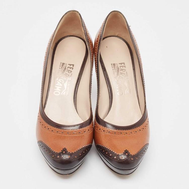Pre Owned Salvatore Ferragamo Brown/Black Brogue Leather Platform Pumps Size 37.5