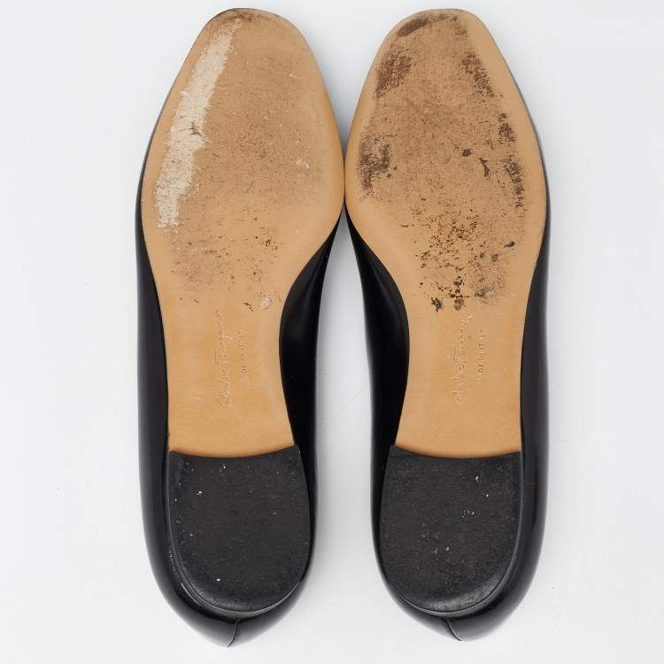 Pre Owned Salvatore Ferragamo Black Patent Leather Buckle Ballet Flats Size 35.5