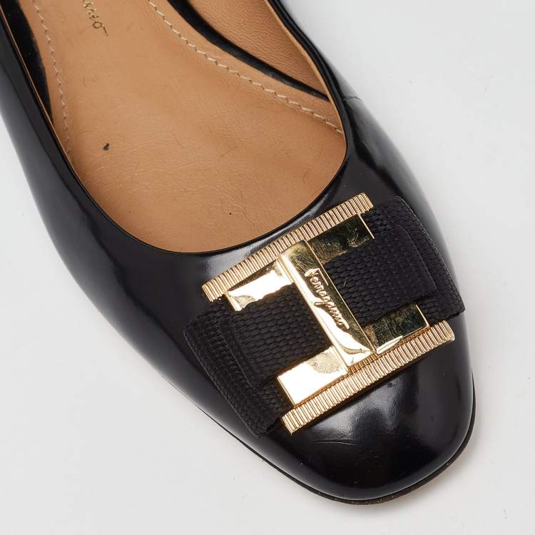 Pre Owned Salvatore Ferragamo Black Patent Leather Buckle Ballet Flats Size 35.5