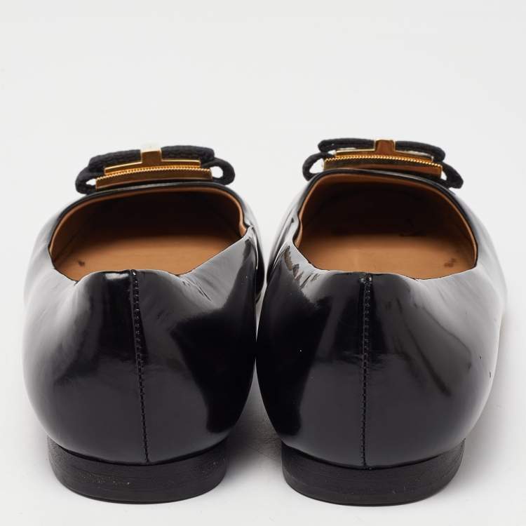Pre Owned Salvatore Ferragamo Black Patent Leather Buckle Ballet Flats Size 35.5