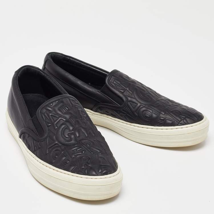 Pre Owned Salvatore Ferragamo Black Leather Logo Embossed Slip On Sneakers Size 39