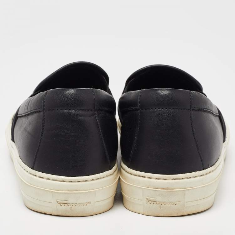 Pre Owned Salvatore Ferragamo Black Leather Logo Embossed Slip On Sneakers Size 39