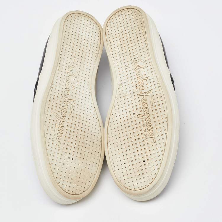 Pre Owned Salvatore Ferragamo Black Leather Logo Embossed Slip On Sneakers Size 39
