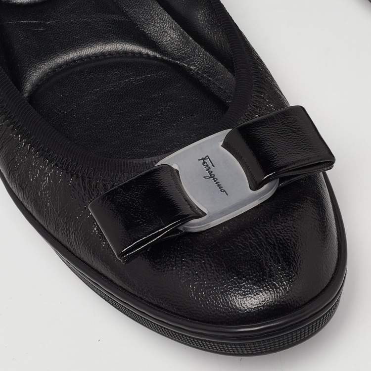 Pre Owned Salvatore Ferragamo Black Leather Vara Bow Ballet Flats Size 38