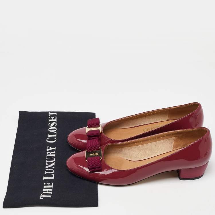 Pre Owned Salvatore Ferragamo Burgundy Patent Leather Varina Vara Bow Ballet Flats Size 37.5