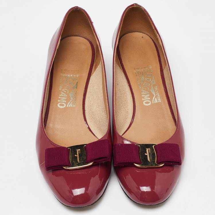 Pre Owned Salvatore Ferragamo Burgundy Patent Leather Varina Vara Bow Ballet Flats Size 37.5