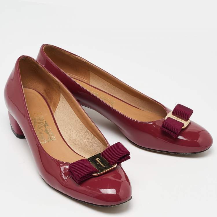 Pre Owned Salvatore Ferragamo Burgundy Patent Leather Varina Vara Bow Ballet Flats Size 37.5