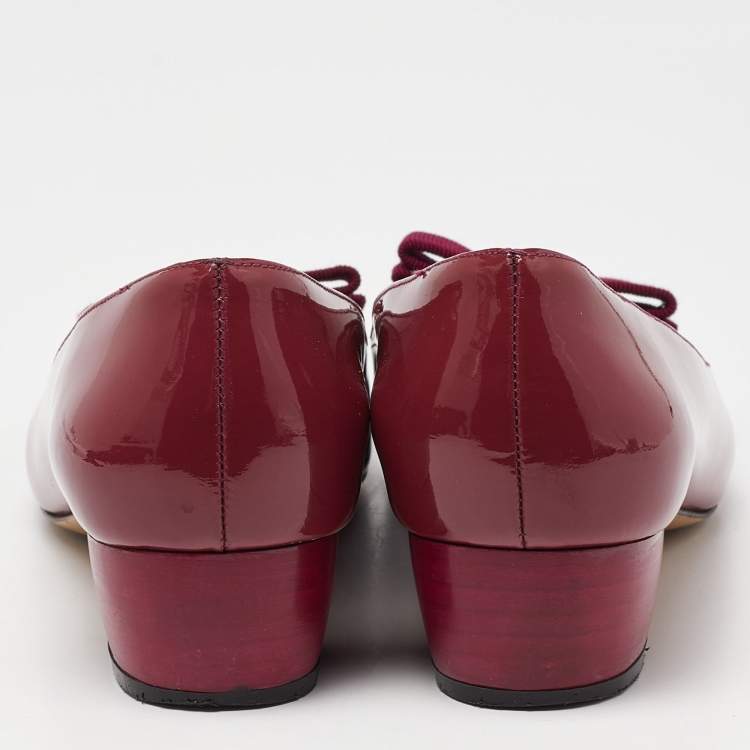 Pre Owned Salvatore Ferragamo Burgundy Patent Leather Varina Vara Bow Ballet Flats Size 37.5