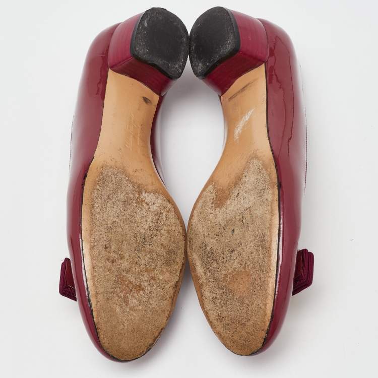 Pre Owned Salvatore Ferragamo Burgundy Patent Leather Varina Vara Bow Ballet Flats Size 37.5