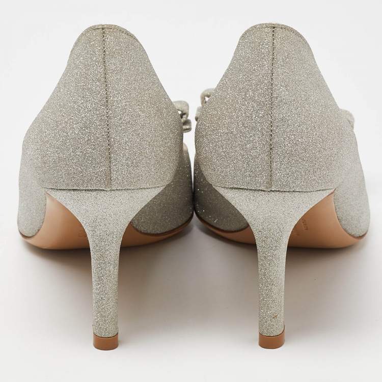 Pre Owned Salvatore Ferragamo Silver Glitter Vara Bow  Round Toe Pumps Size 40
