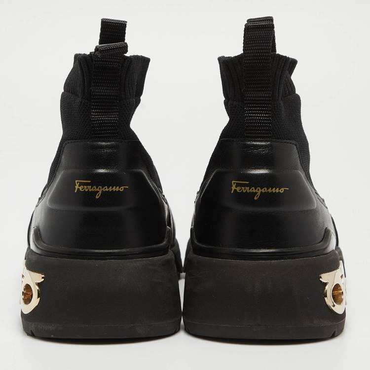 Pre Owned Salvatore Ferragamo Black Leather and Knit Fabric Cosma Sock Sneakers Size 39.5