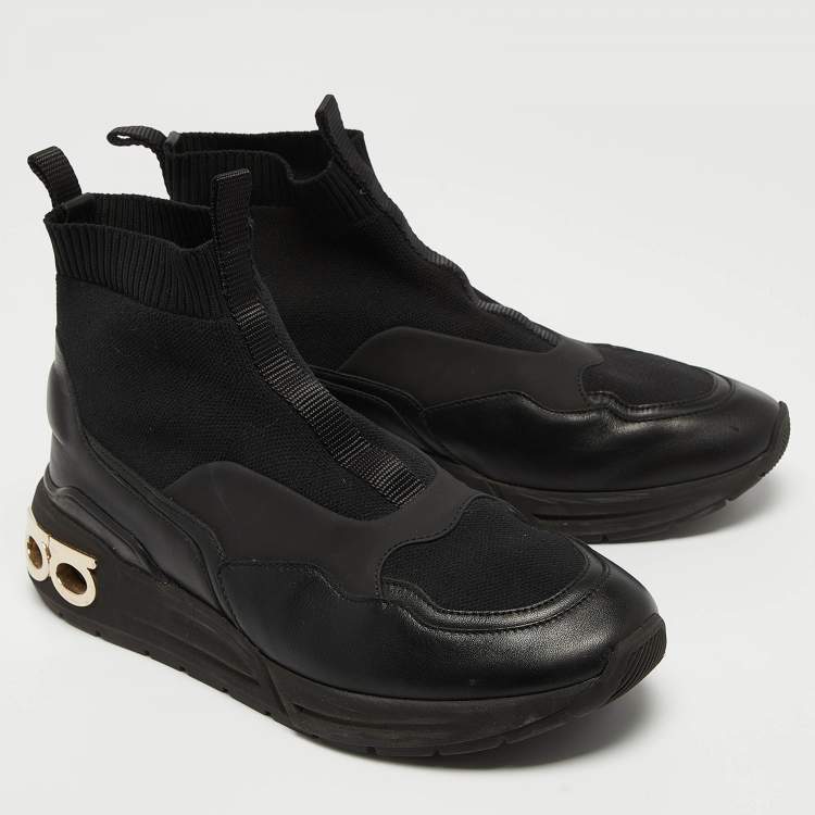 Pre Owned Salvatore Ferragamo Black Leather and Knit Fabric Cosma Sock Sneakers Size 39.5