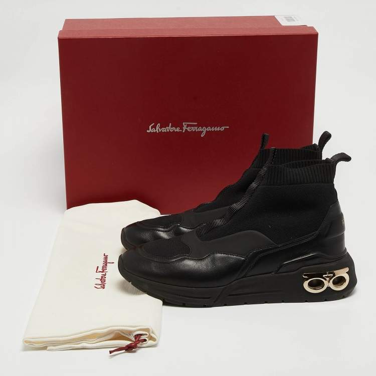Pre Owned Salvatore Ferragamo Black Leather and Knit Fabric Cosma Sock Sneakers Size 39.5