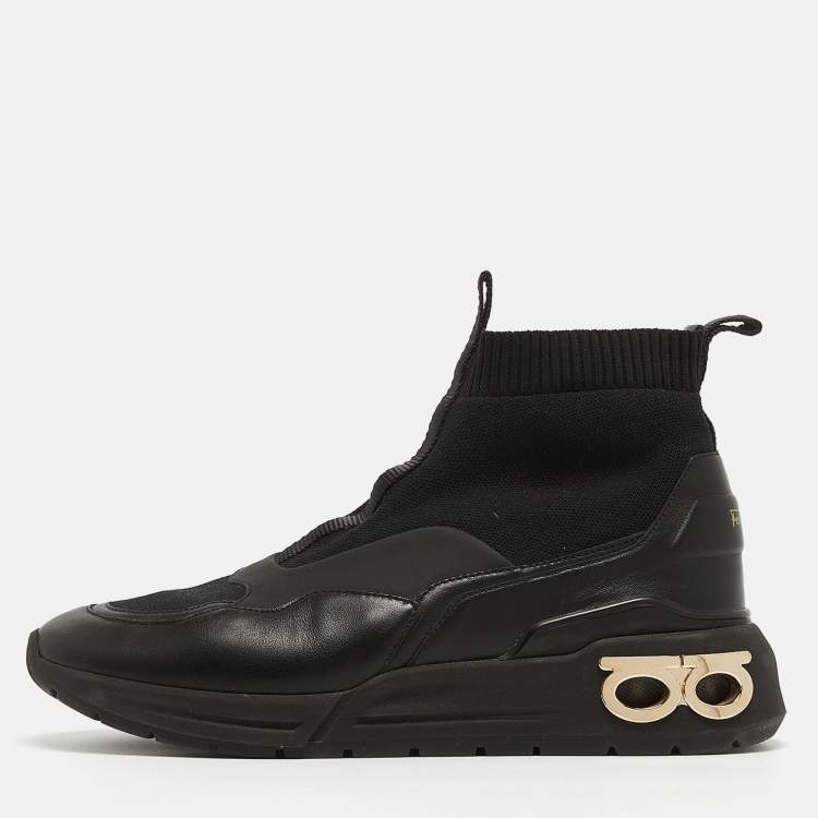 スニーカー SALVATORE FERRAGAMO COSMA SOCK SNEAKERS WOMEN BLACK FABRIC Salvatore Ferragamo Black Leather and Knit Fabric Cosma Sock