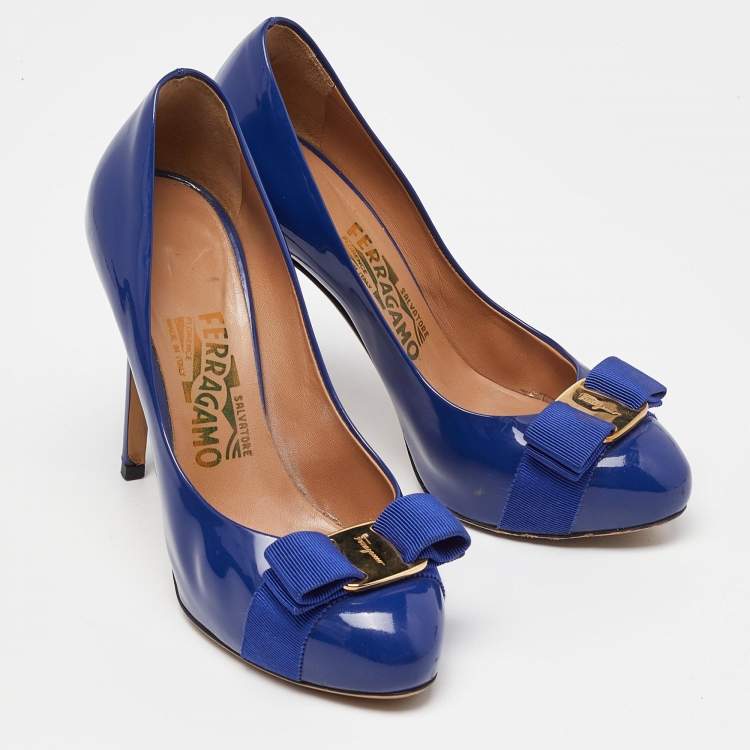 Pre Owned Salvatore Ferragamo Blue Patent Leather Vara Bow Platform Pumps Size 36