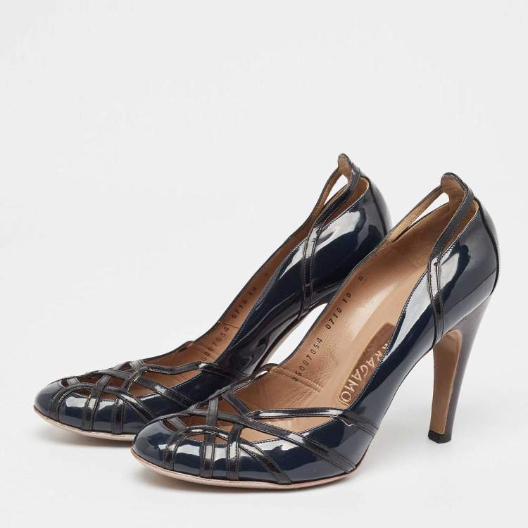 Pre Owned Salvatore Ferragamo Dark Blue/Black Patent Leather Strappy Pumps Size 40.5