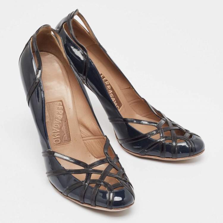 Pre Owned Salvatore Ferragamo Dark Blue/Black Patent Leather Strappy Pumps Size 40.5