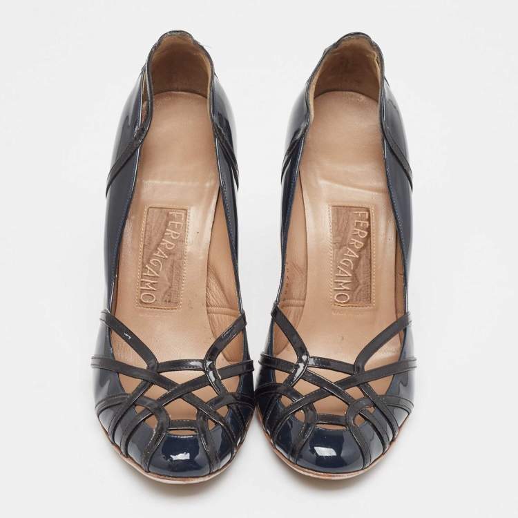 Pre Owned Salvatore Ferragamo Dark Blue/Black Patent Leather Strappy Pumps Size 40.5