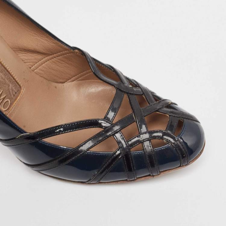Pre Owned Salvatore Ferragamo Dark Blue/Black Patent Leather Strappy Pumps Size 40.5