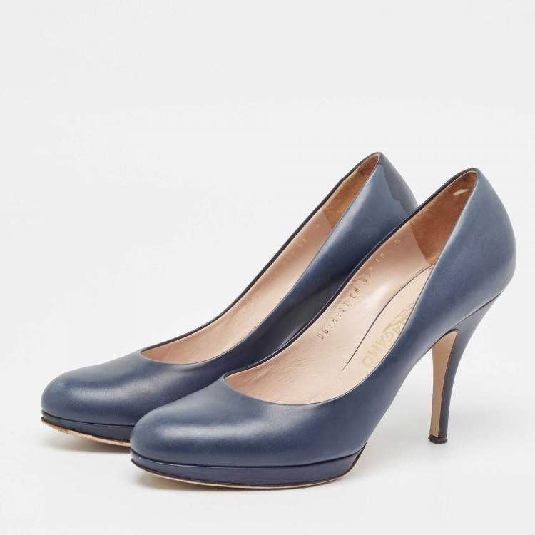 Pre Owned Salvatore Ferragamo Navy Blue Leather Platform Pumps Size 40.5