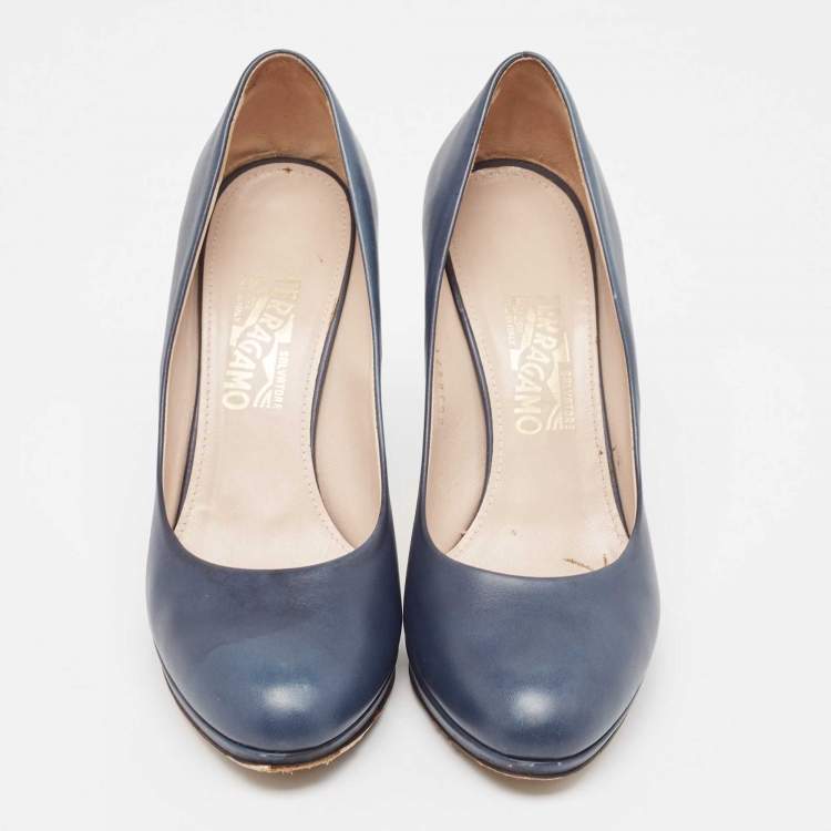 Pre Owned Salvatore Ferragamo Navy Blue Leather Platform Pumps Size 40.5